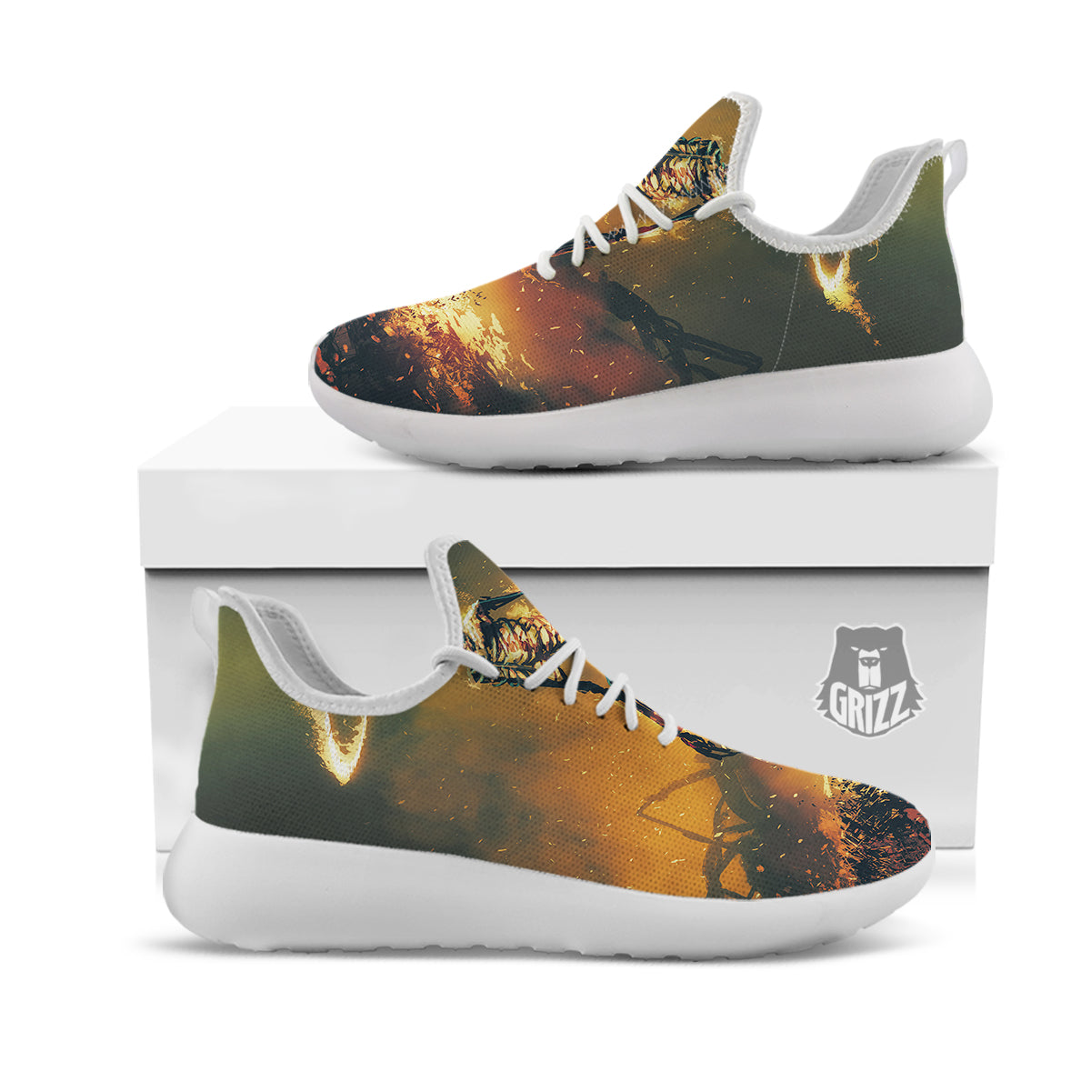 Fire Skeleton Print White Athletic Shoes-grizzshop