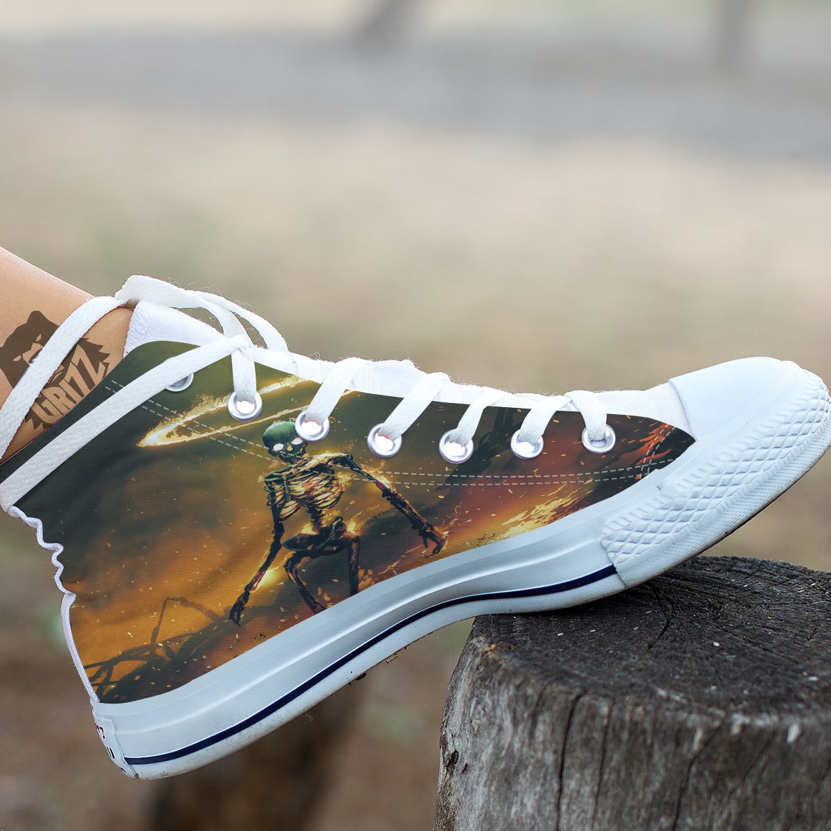 Fire Skeleton Print White High Top Shoes-grizzshop
