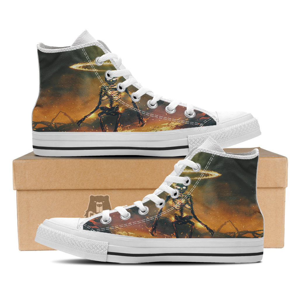 Fire Skeleton Print White High Top Shoes-grizzshop