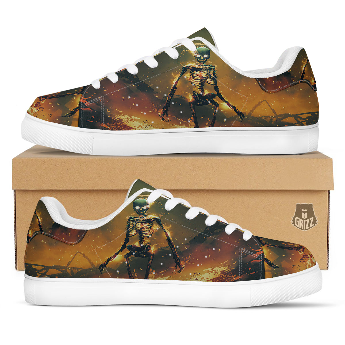 Fire Skeleton Print White Low Top Sneakers-grizzshop