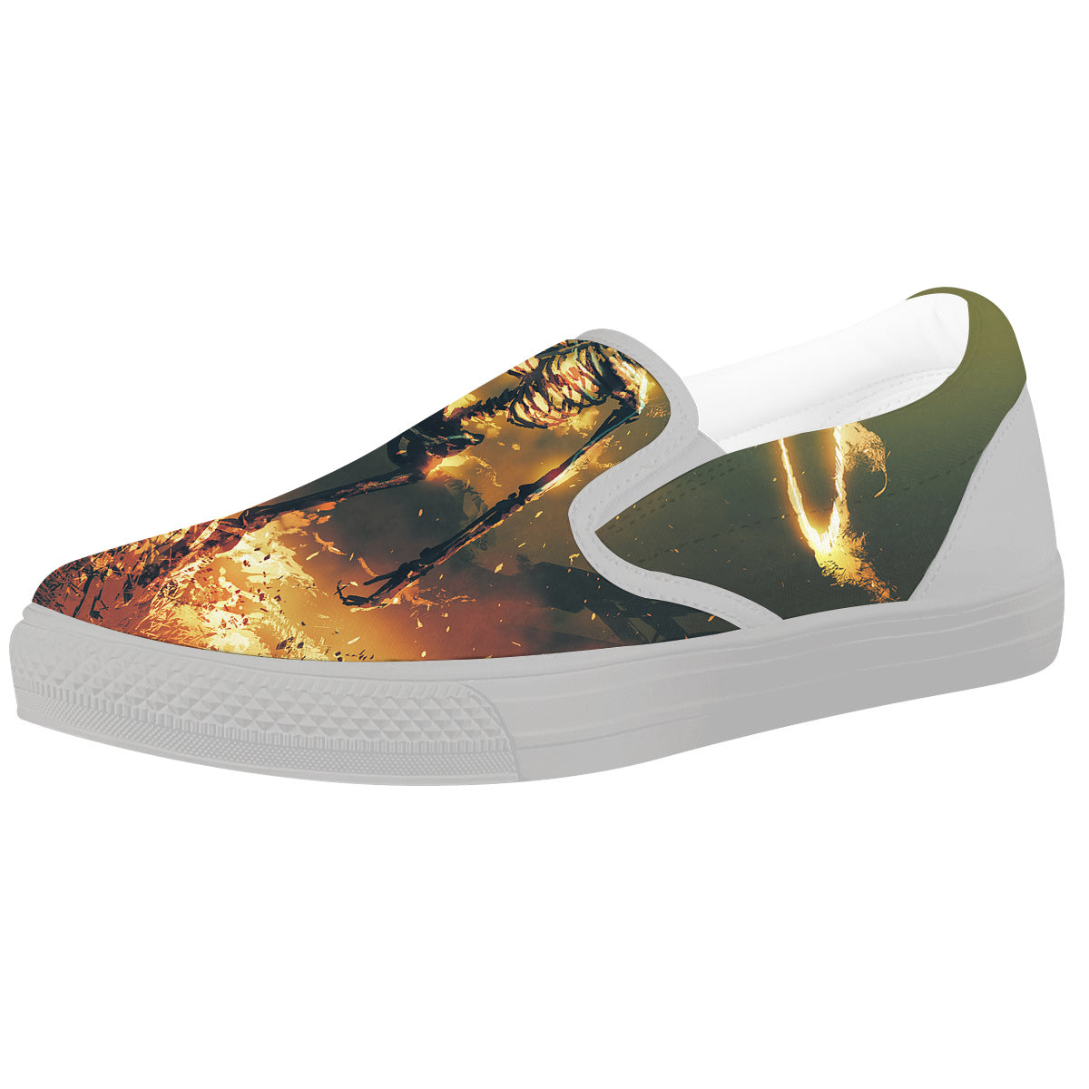Fire Skeleton Print White Slip On Shoes-grizzshop