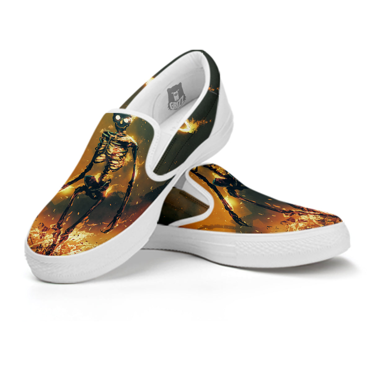 Fire Skeleton Print White Slip On Shoes-grizzshop