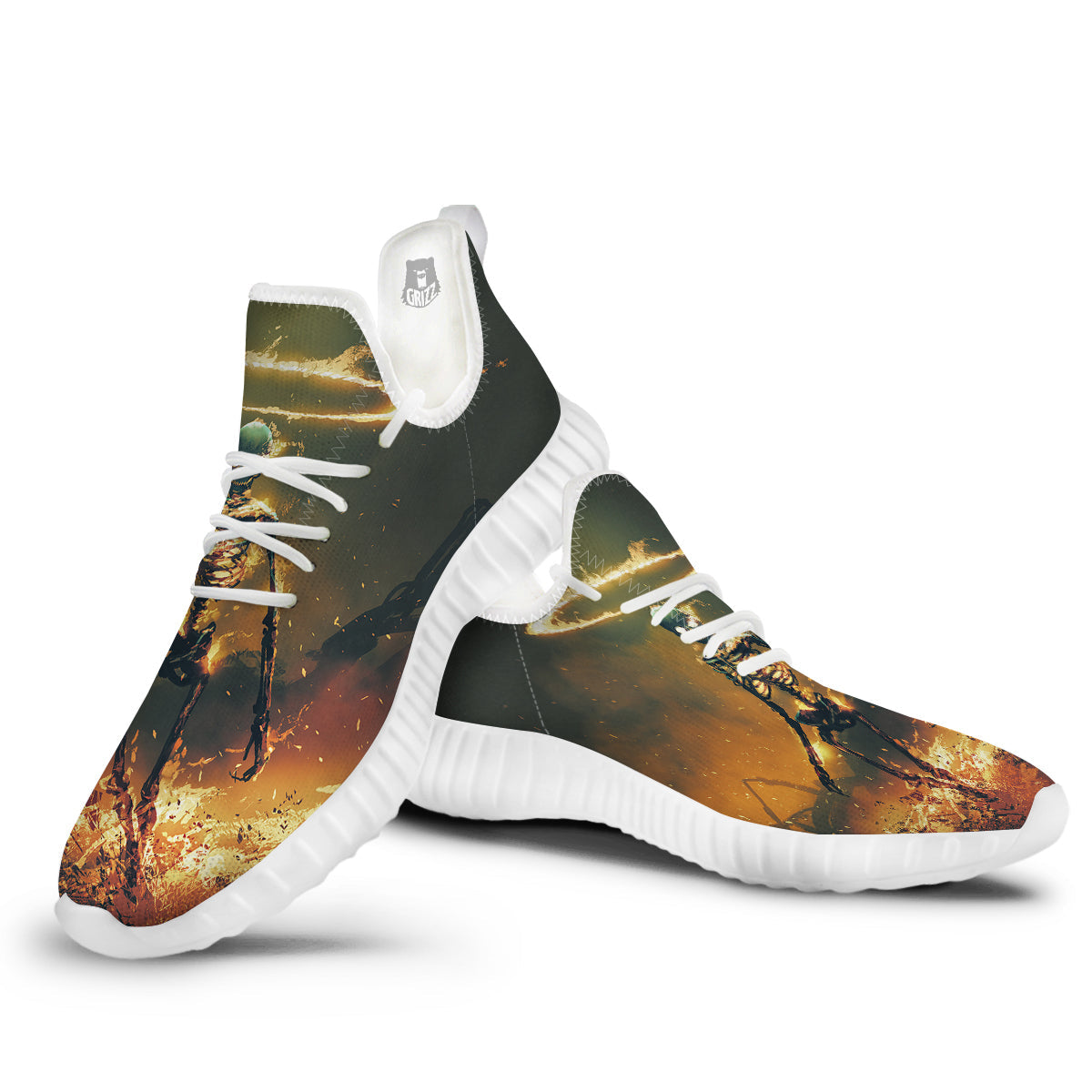 Fire Skeleton Print White Walking Shoes-grizzshop