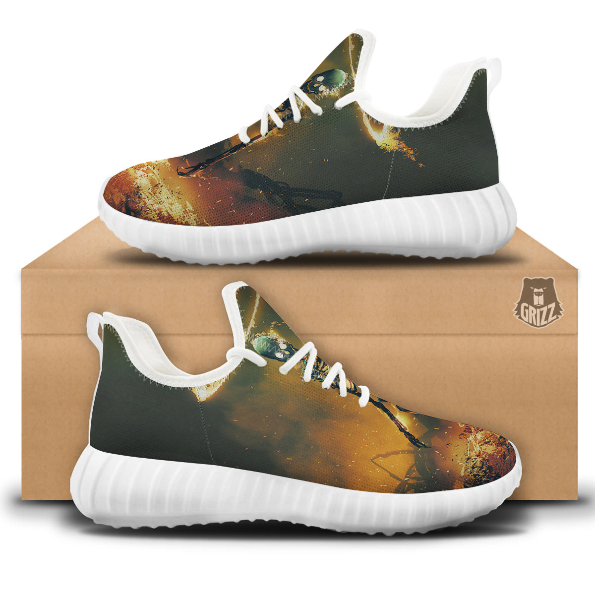 Fire Skeleton Print White Walking Shoes-grizzshop