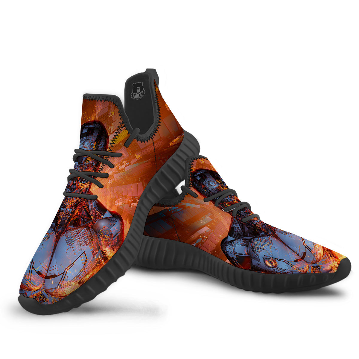 Fire Skeleton Robot Print Black Walking Shoes-grizzshop