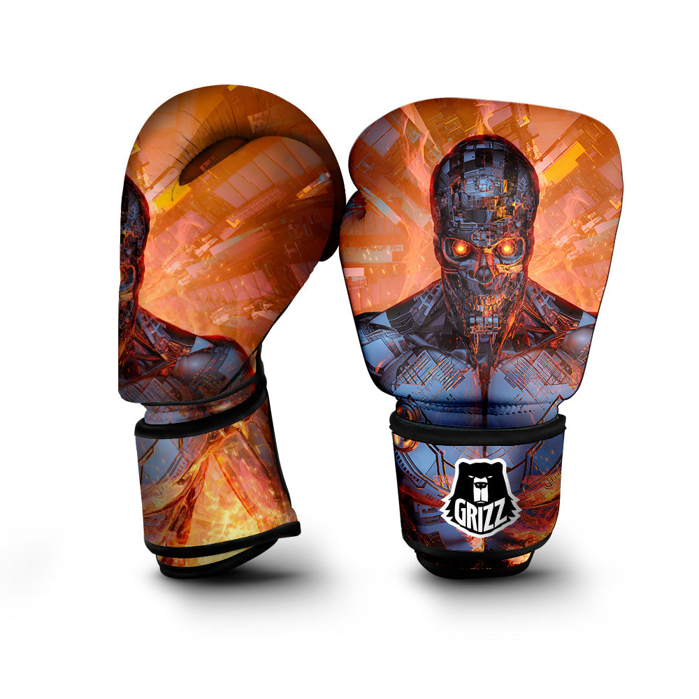Fire Skeleton Robot Print Boxing Gloves-grizzshop