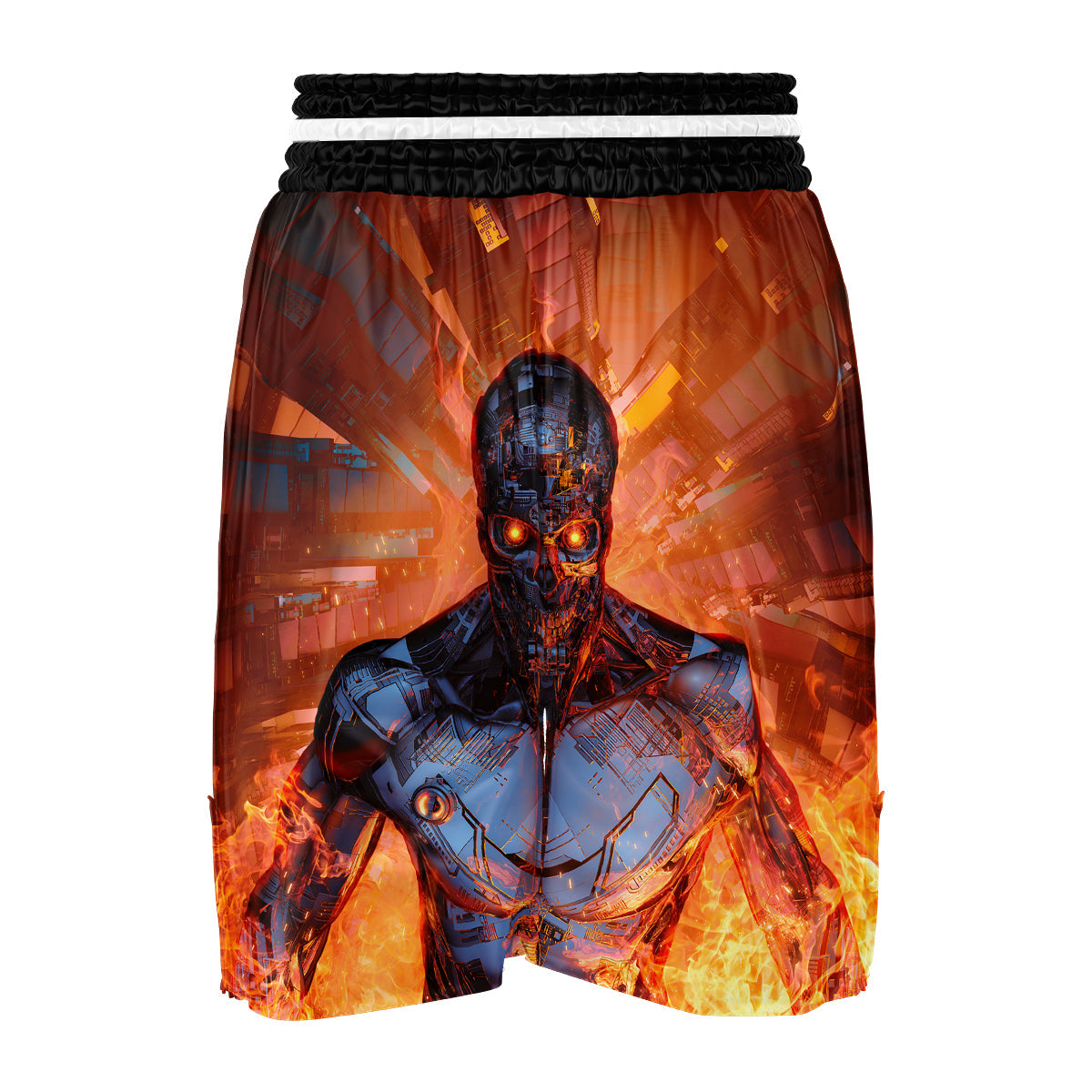 Fire Skeleton Robot Print Boxing Shorts-grizzshop