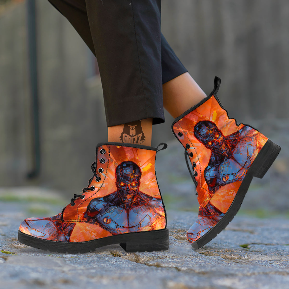 Fire Skeleton Robot Print Leather Boots-grizzshop