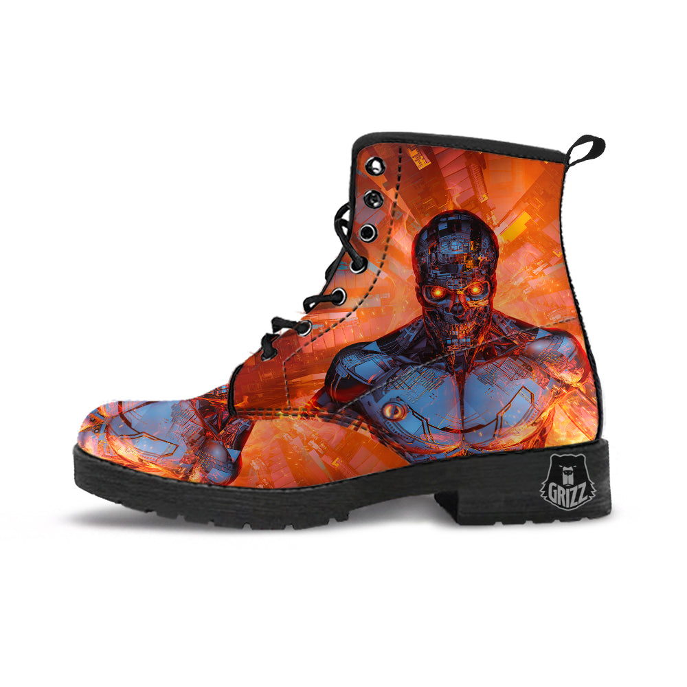 Fire Skeleton Robot Print Leather Boots-grizzshop