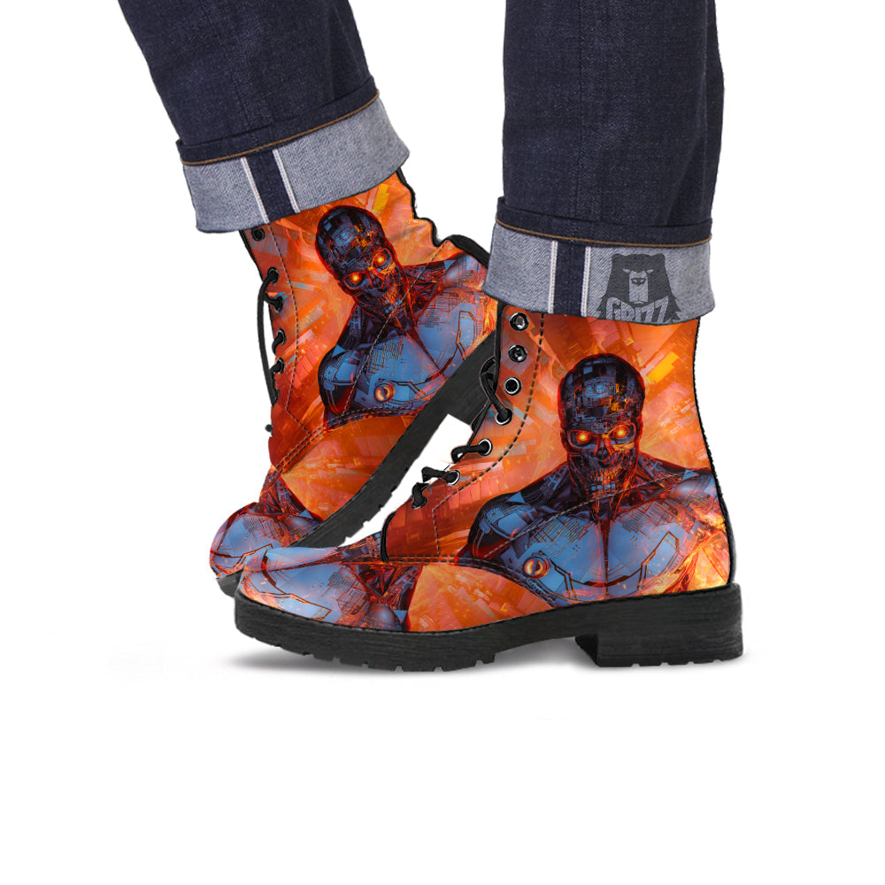 Fire Skeleton Robot Print Leather Boots-grizzshop