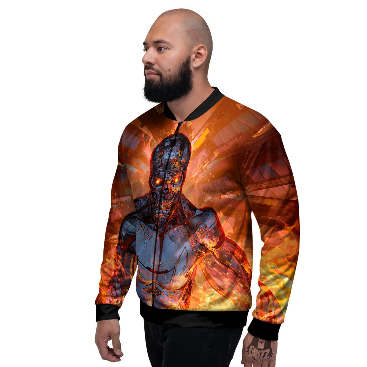 Fire Skeleton Robot Print Men's Bomber Jacket-grizzshop