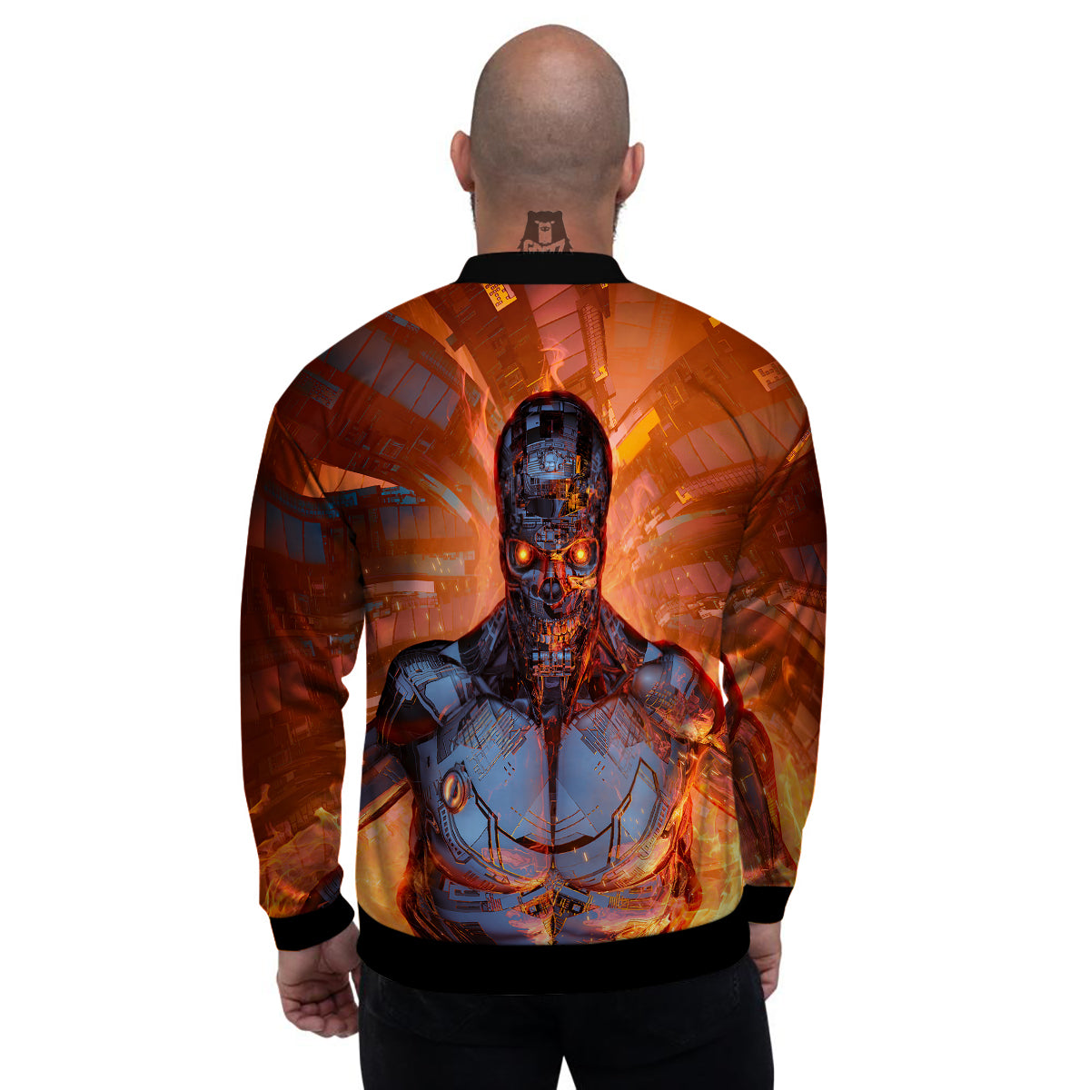 Fire Skeleton Robot Print Men's Bomber Jacket-grizzshop