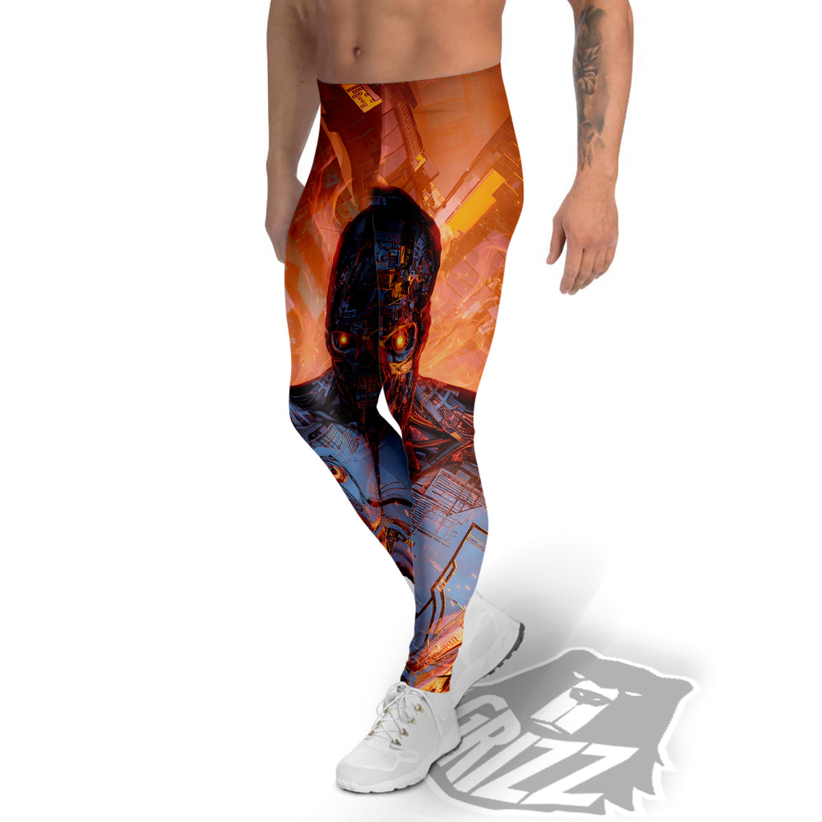 Fire Skeleton Robot Print Men's Leggings-grizzshop