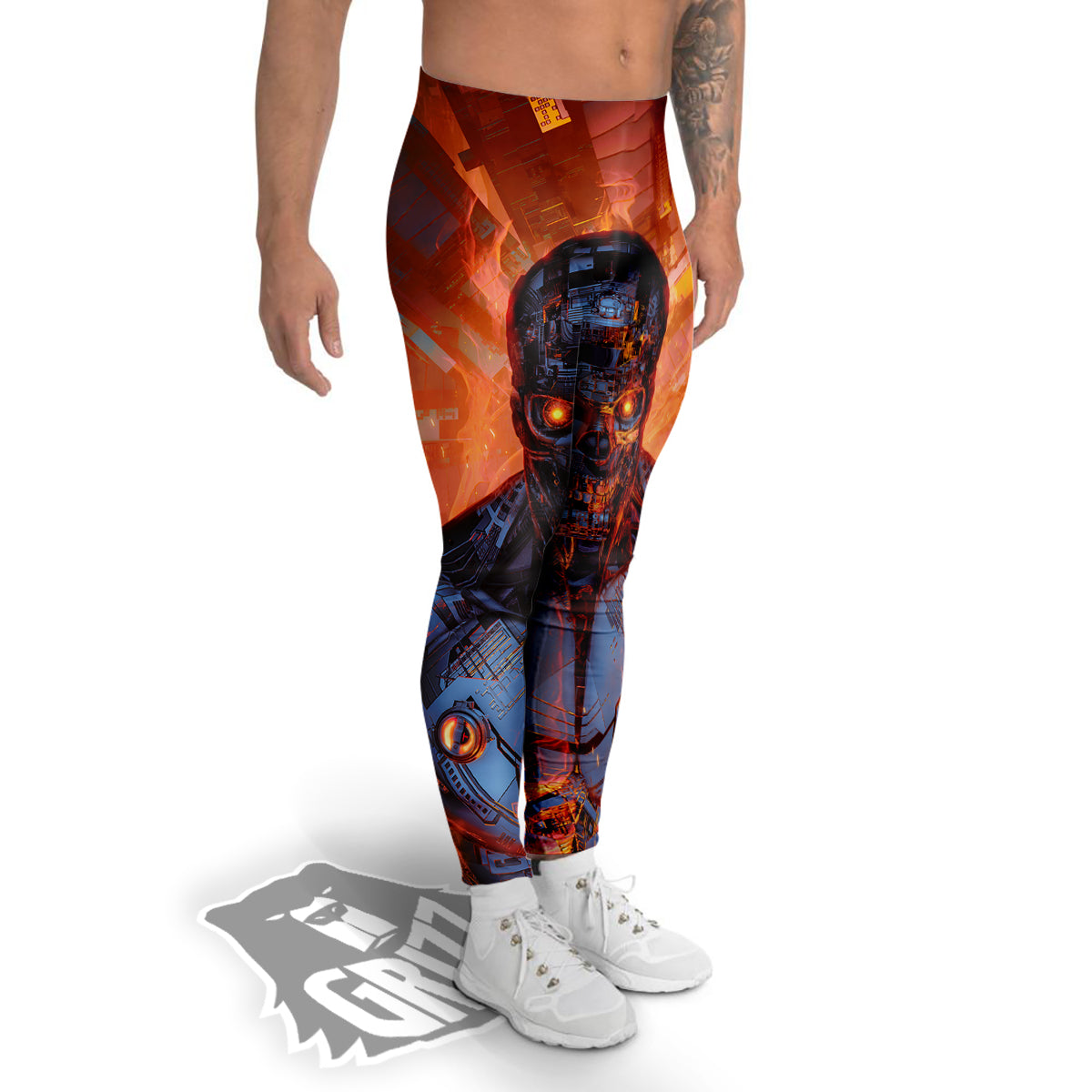 Fire Skeleton Robot Print Men's Leggings-grizzshop