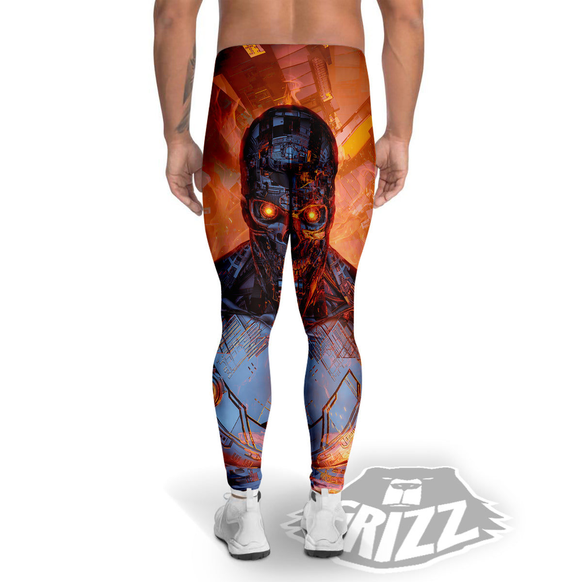 Fire Skeleton Robot Print Men's Leggings-grizzshop