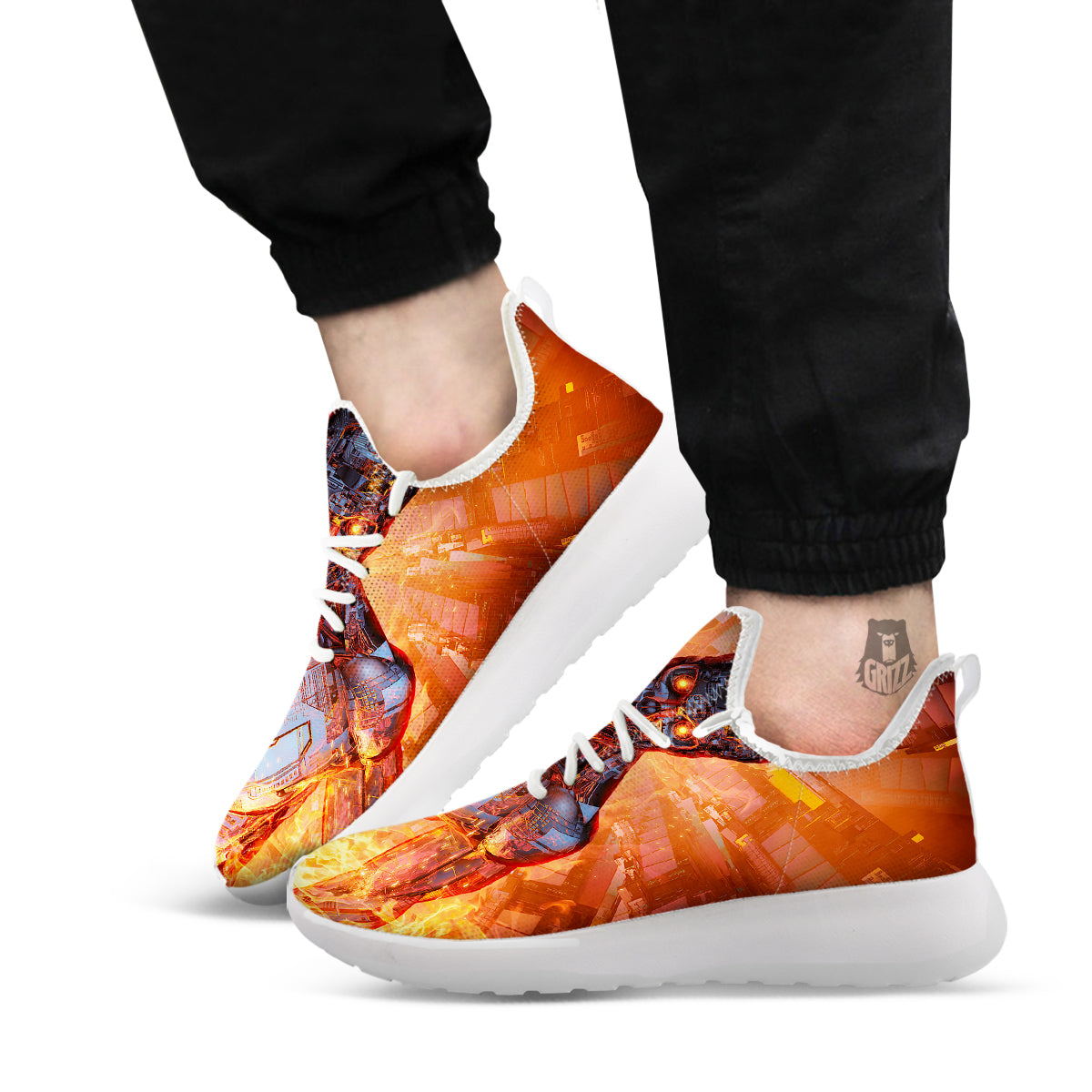 Fire Skeleton Robot Print White Athletic Shoes-grizzshop