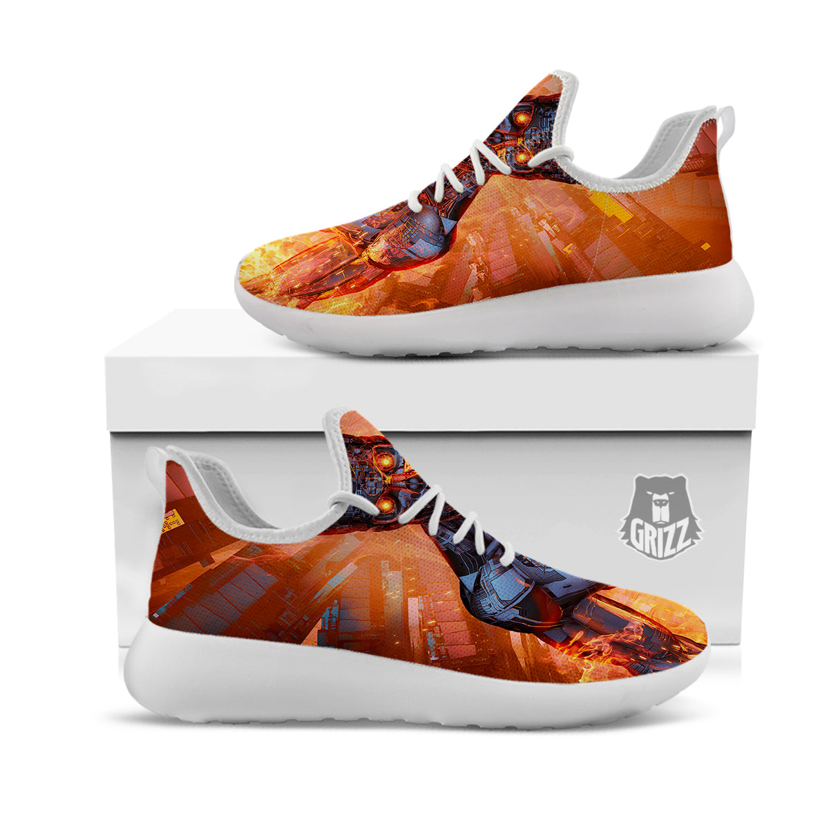 Fire Skeleton Robot Print White Athletic Shoes-grizzshop