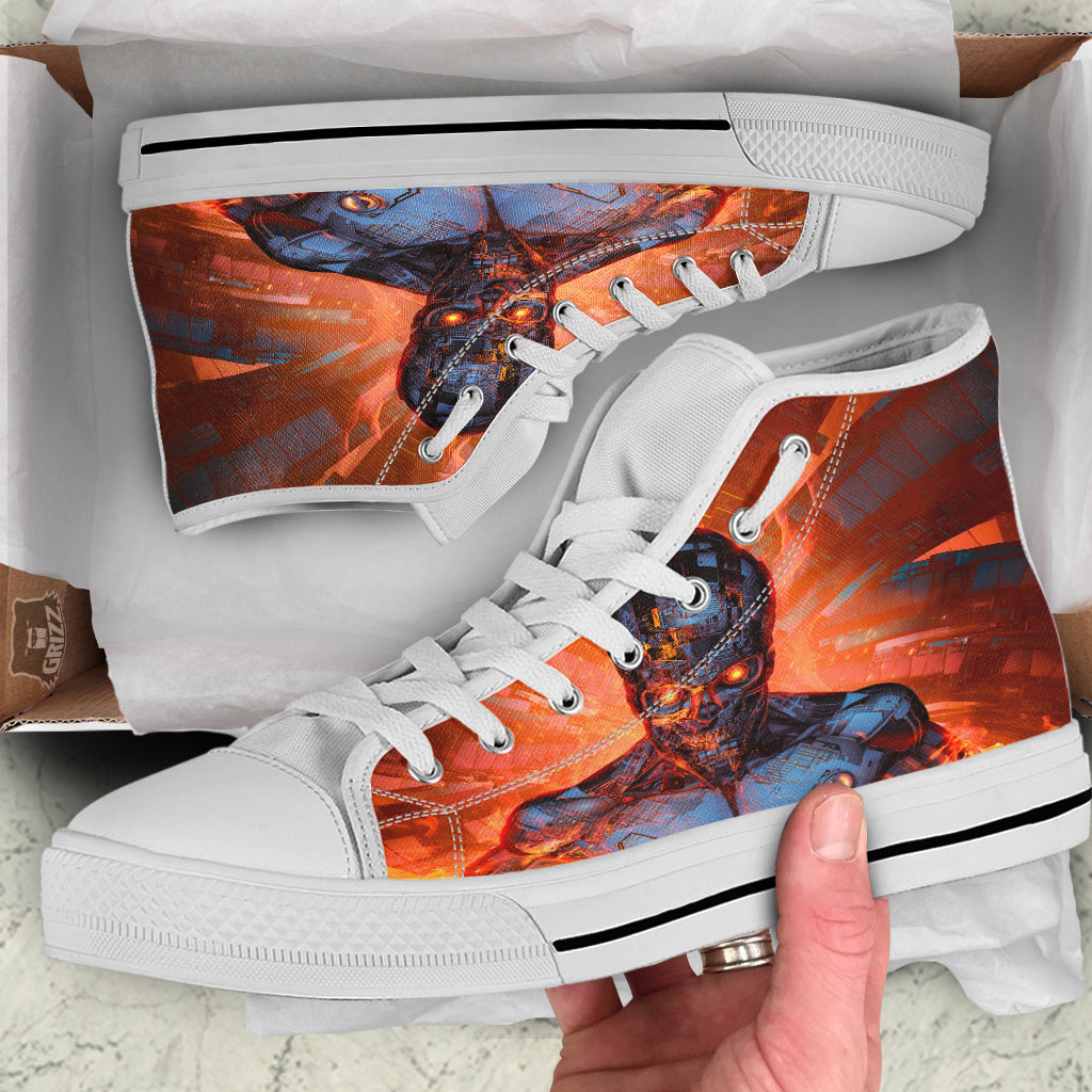 Fire Skeleton Robot Print White High Top Shoes-grizzshop