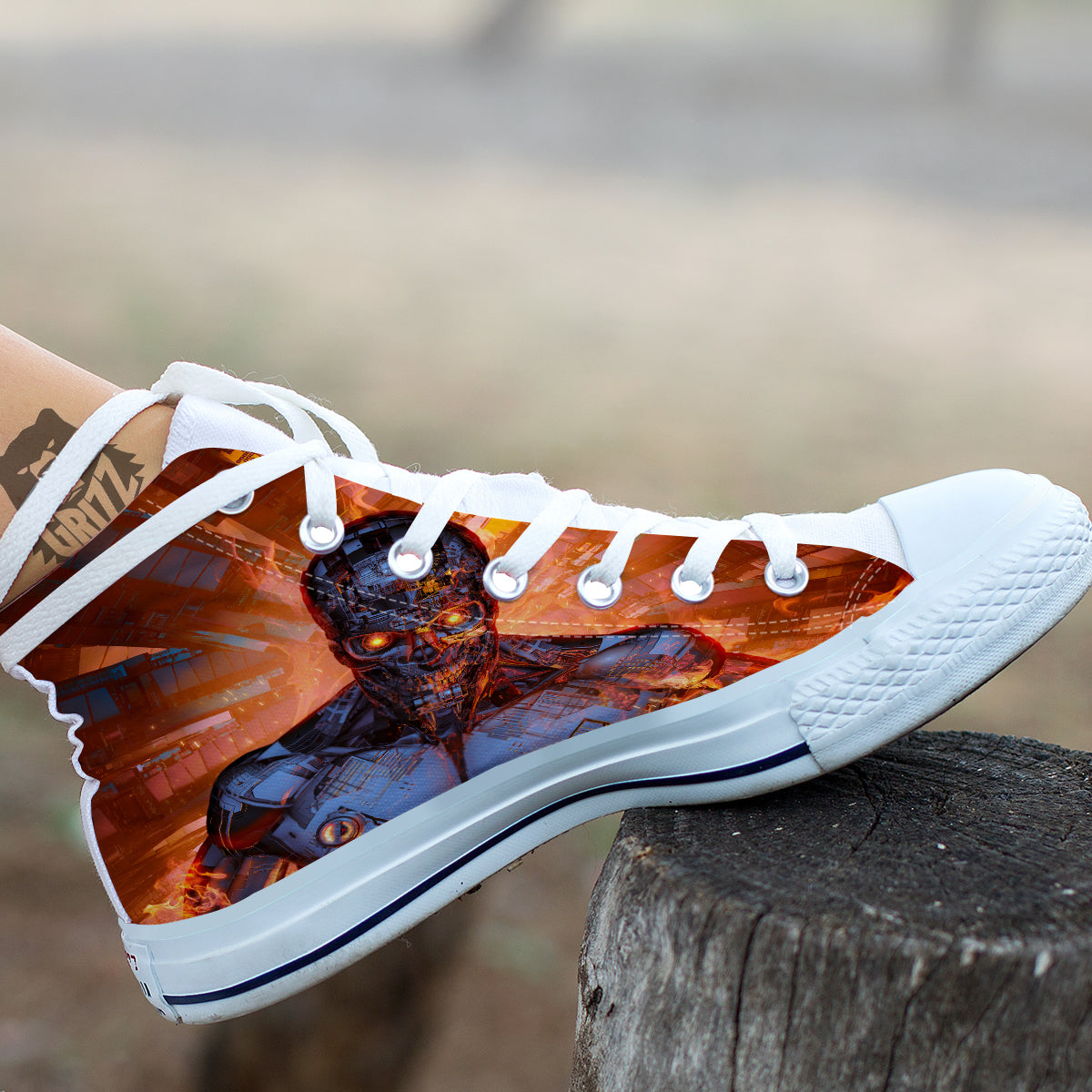 Fire Skeleton Robot Print White High Top Shoes-grizzshop