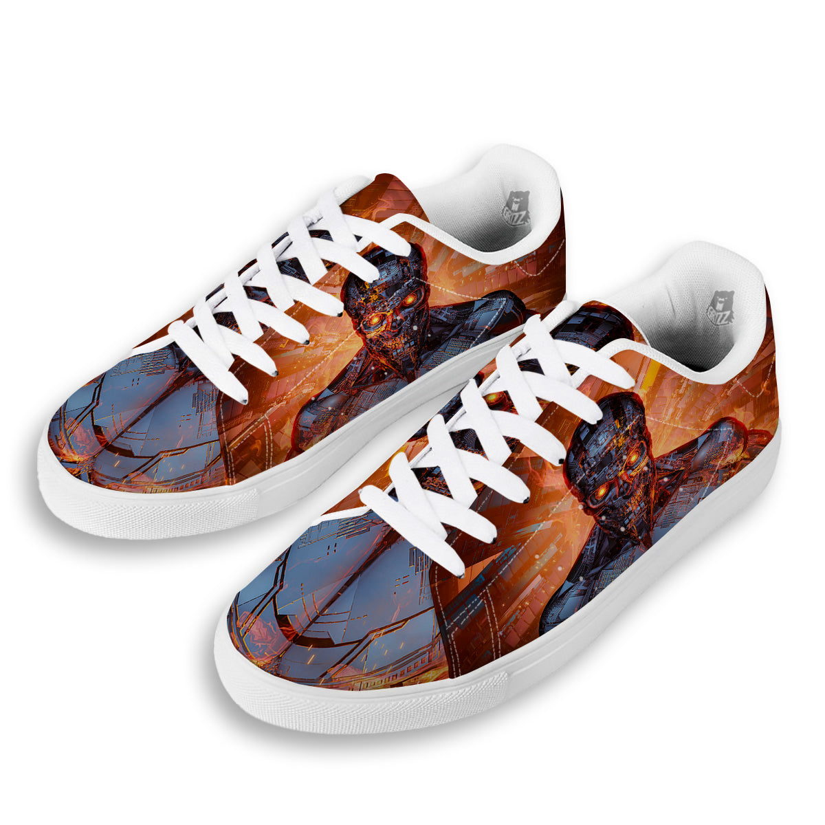 Fire Skeleton Robot Print White Low Top Sneakers-grizzshop