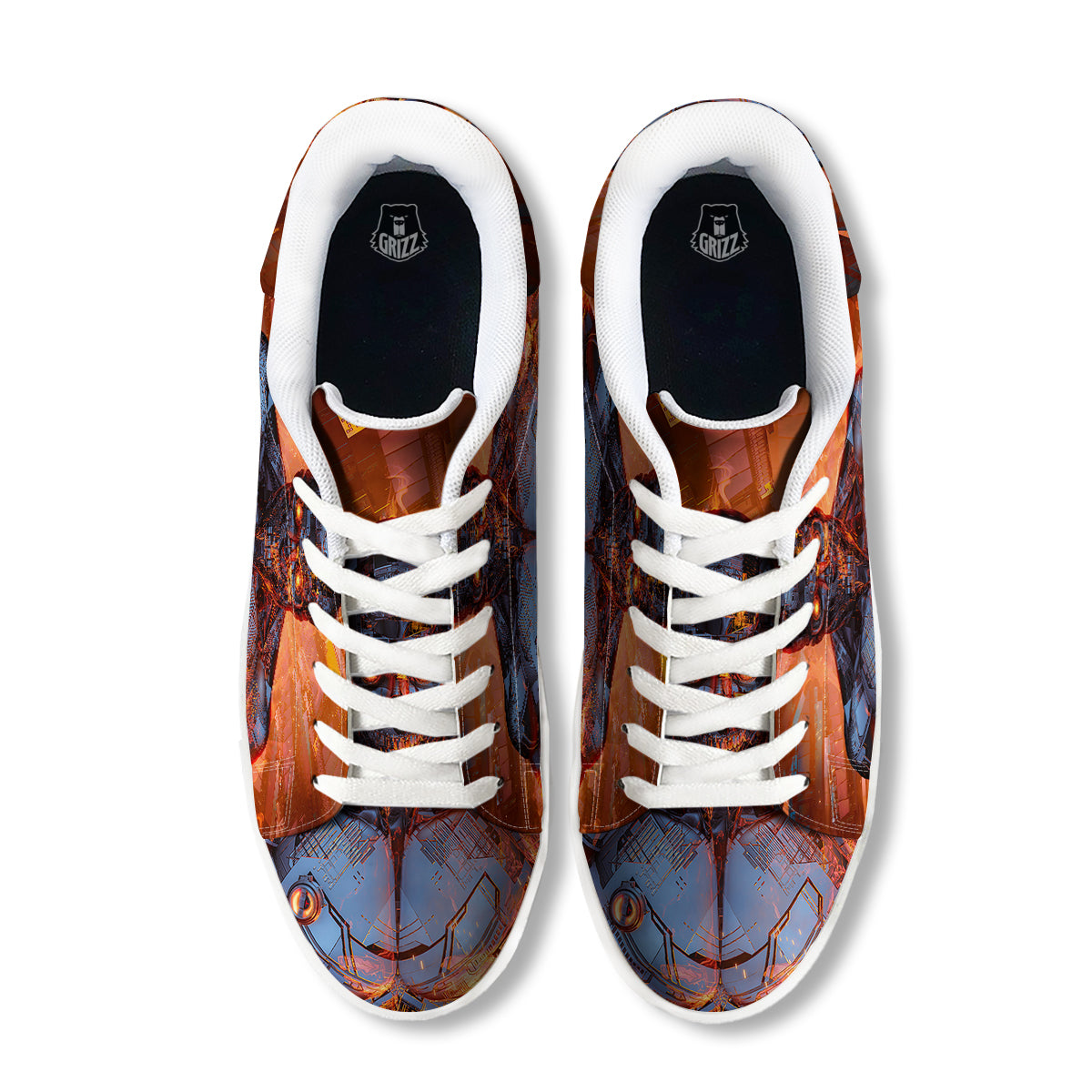 Fire Skeleton Robot Print White Low Top Sneakers-grizzshop