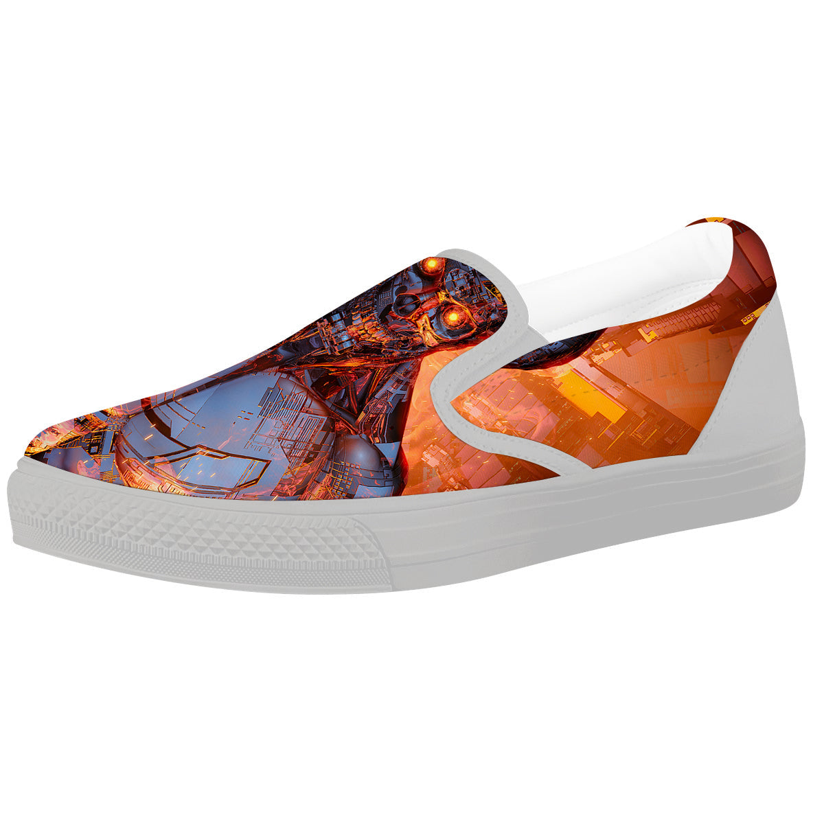 Fire Skeleton Robot Print White Slip On Shoes-grizzshop