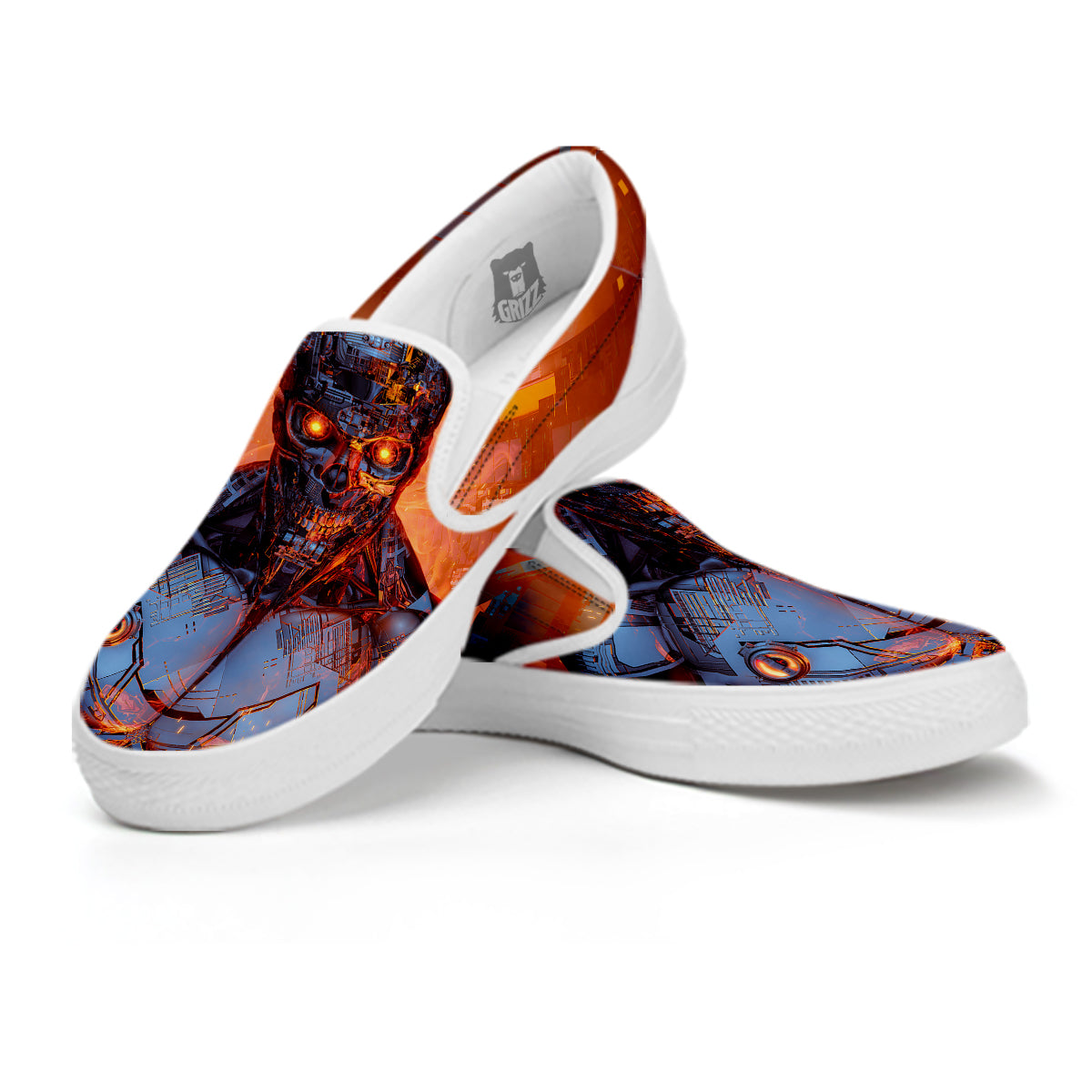 Fire Skeleton Robot Print White Slip On Shoes-grizzshop