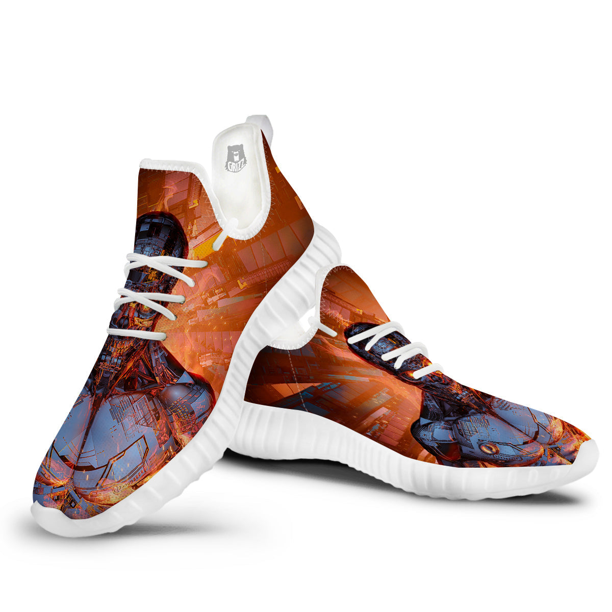 Fire Skeleton Robot Print White Walking Shoes-grizzshop