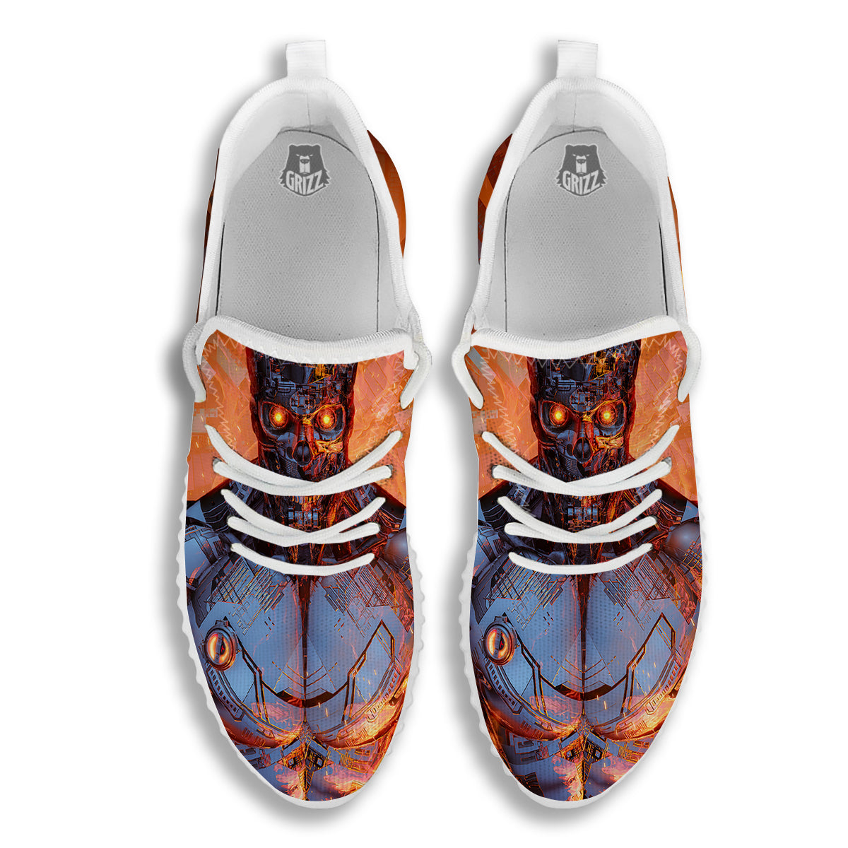 Fire Skeleton Robot Print White Walking Shoes-grizzshop
