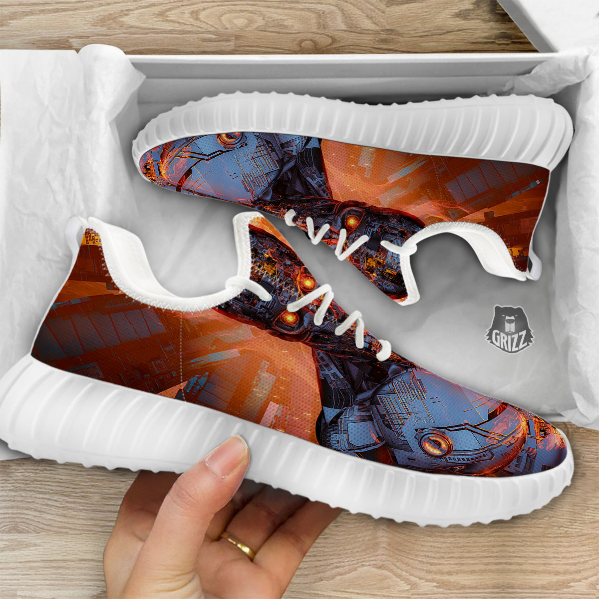 Fire Skeleton Robot Print White Walking Shoes-grizzshop