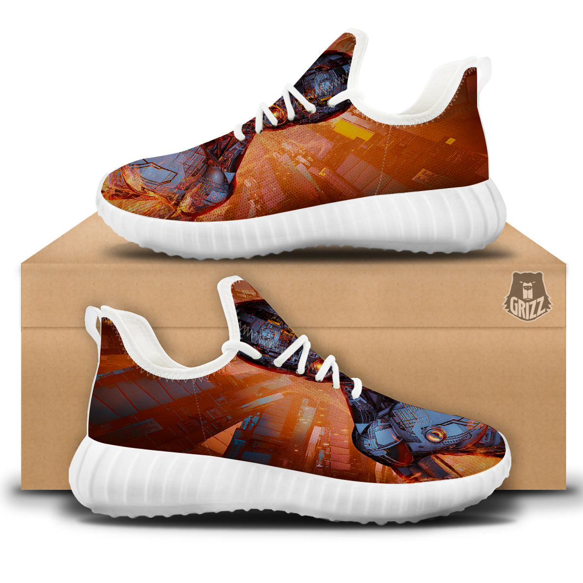Fire Skeleton Robot Print White Walking Shoes-grizzshop