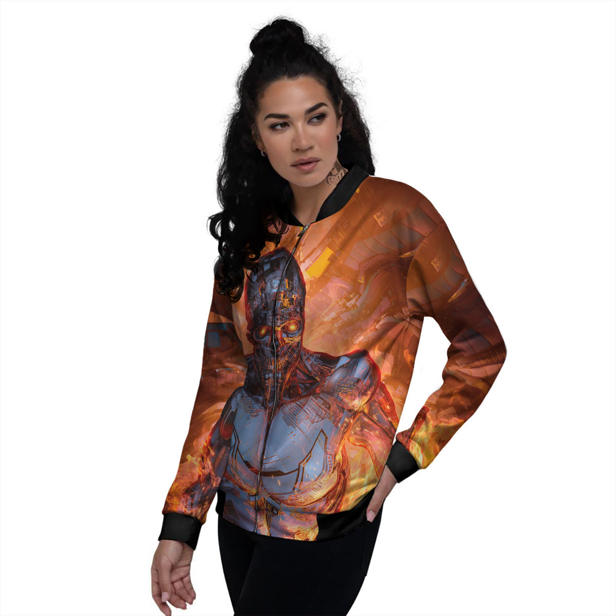 Fire Skeleton Robot Print Women's Bomber Jacket-grizzshop