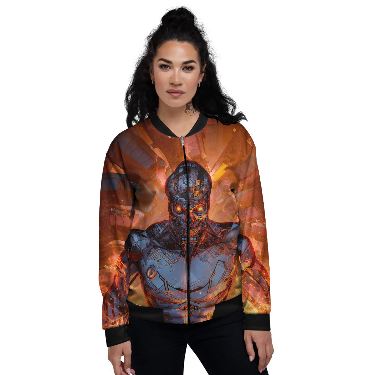 Fire Skeleton Robot Print Women's Bomber Jacket-grizzshop