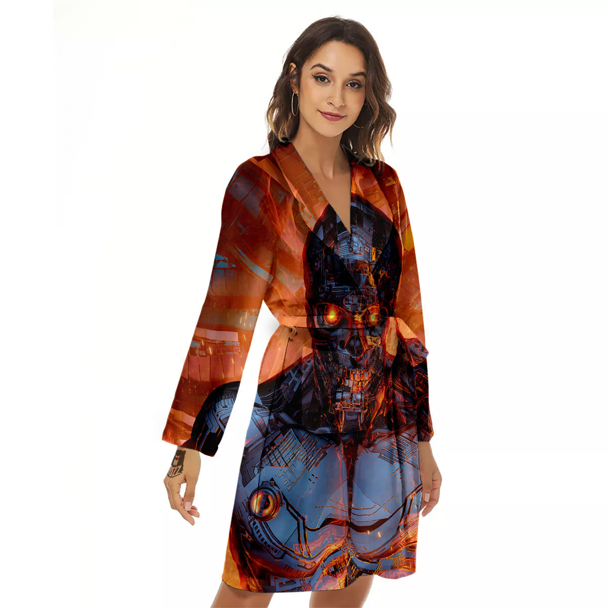 Fire Skeleton Robot Print Women's Robe-grizzshop