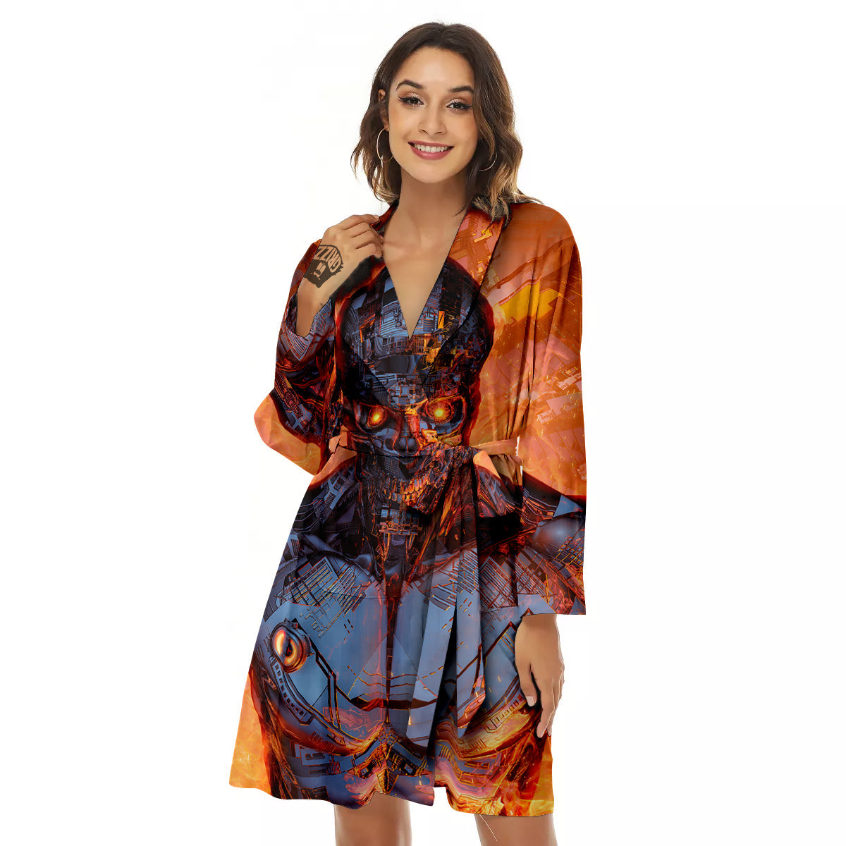 Fire Skeleton Robot Print Women's Robe-grizzshop