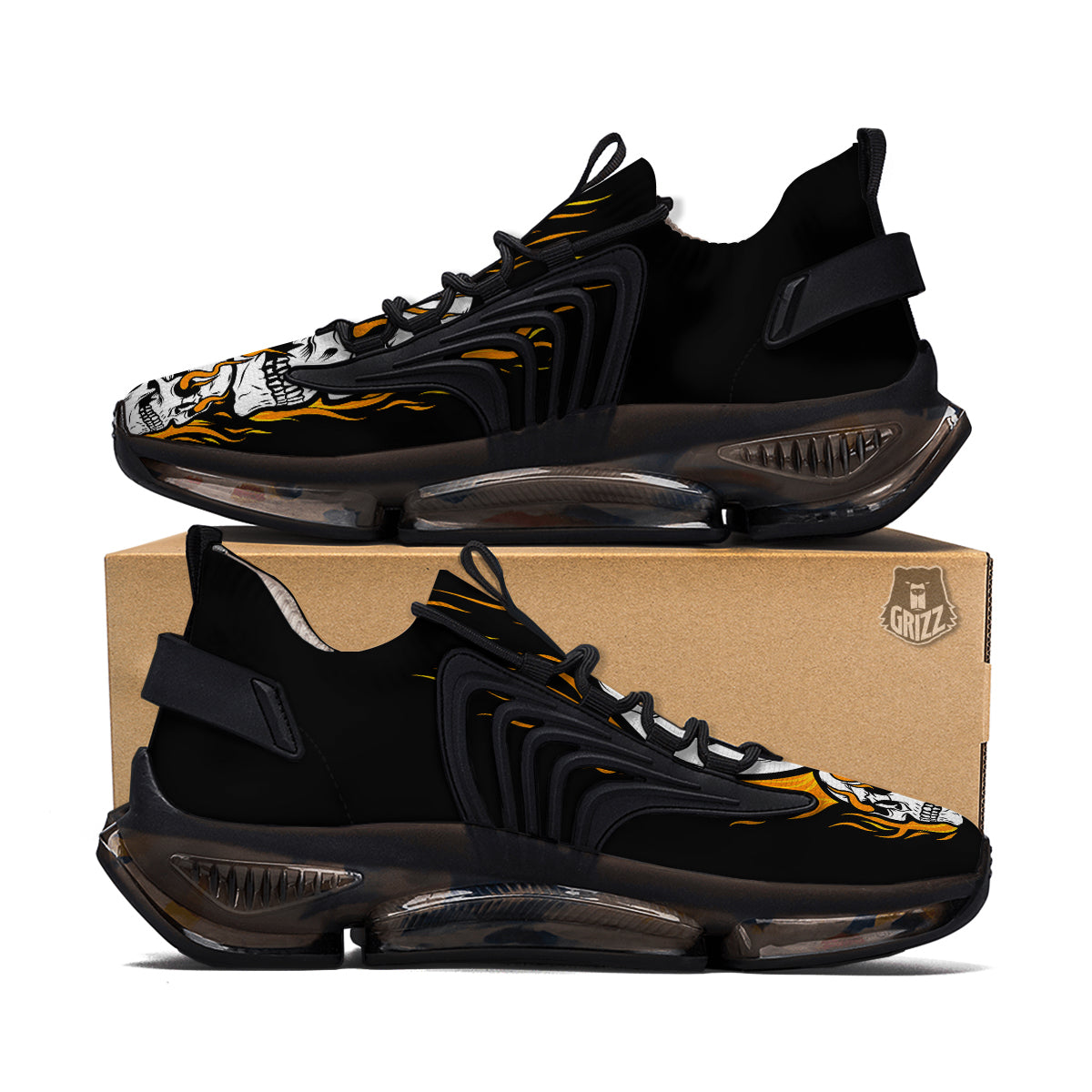Fire Skull Head Print Black Gym Shoes-grizzshop
