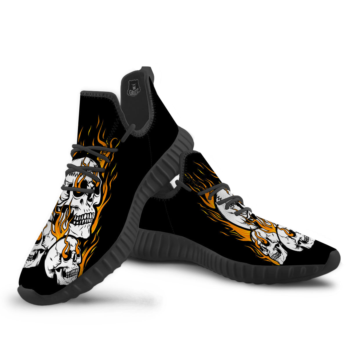 Fire Skull Head Print Black Walking Shoes-grizzshop