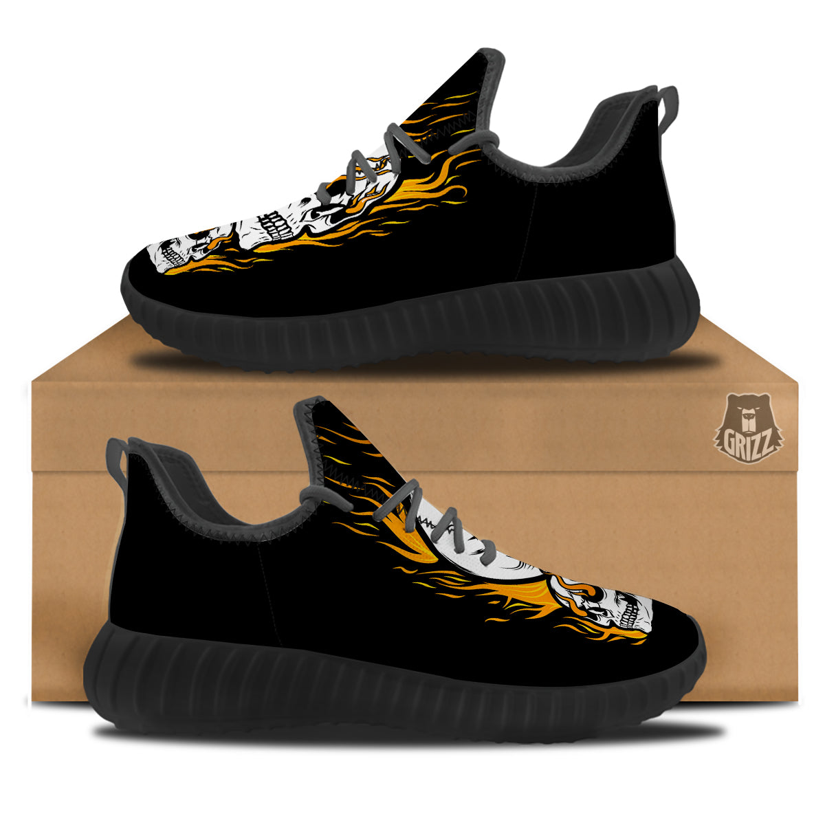 Fire Skull Head Print Black Walking Shoes-grizzshop