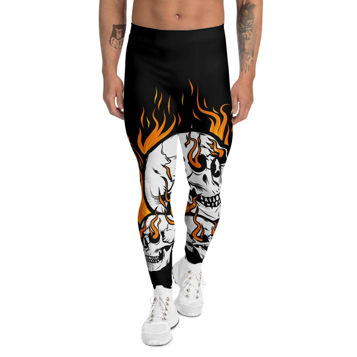 Fire Skull Head Print Men's Leggings-grizzshop