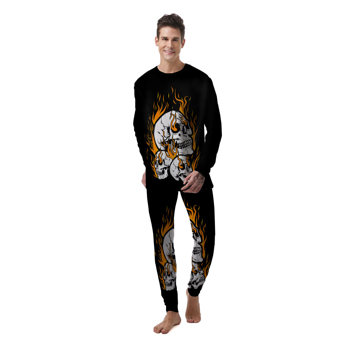 Fire Skull Head Print Men's Pajamas-grizzshop