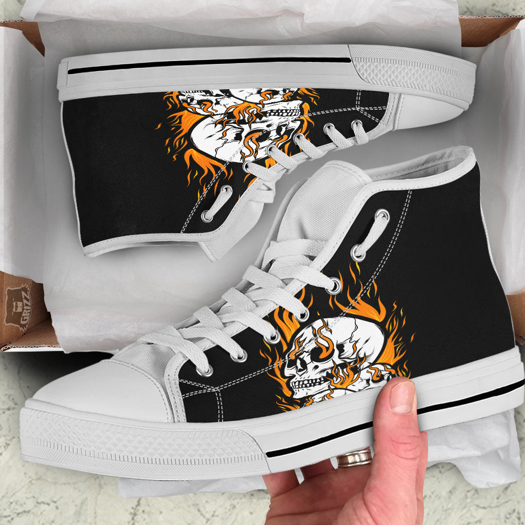 Fire Skull Head Print White High Top Shoes-grizzshop