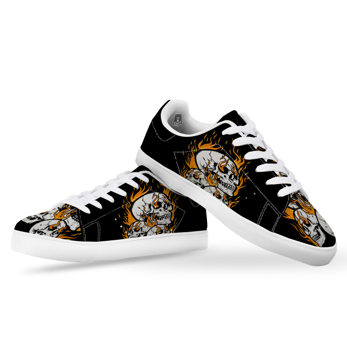 Fire Skull Head Print White Low Top Sneakers-grizzshop