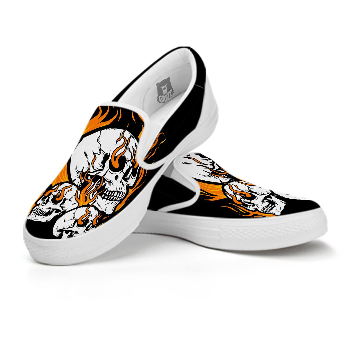 Fire Skull Head Print White Slip On Shoes-grizzshop