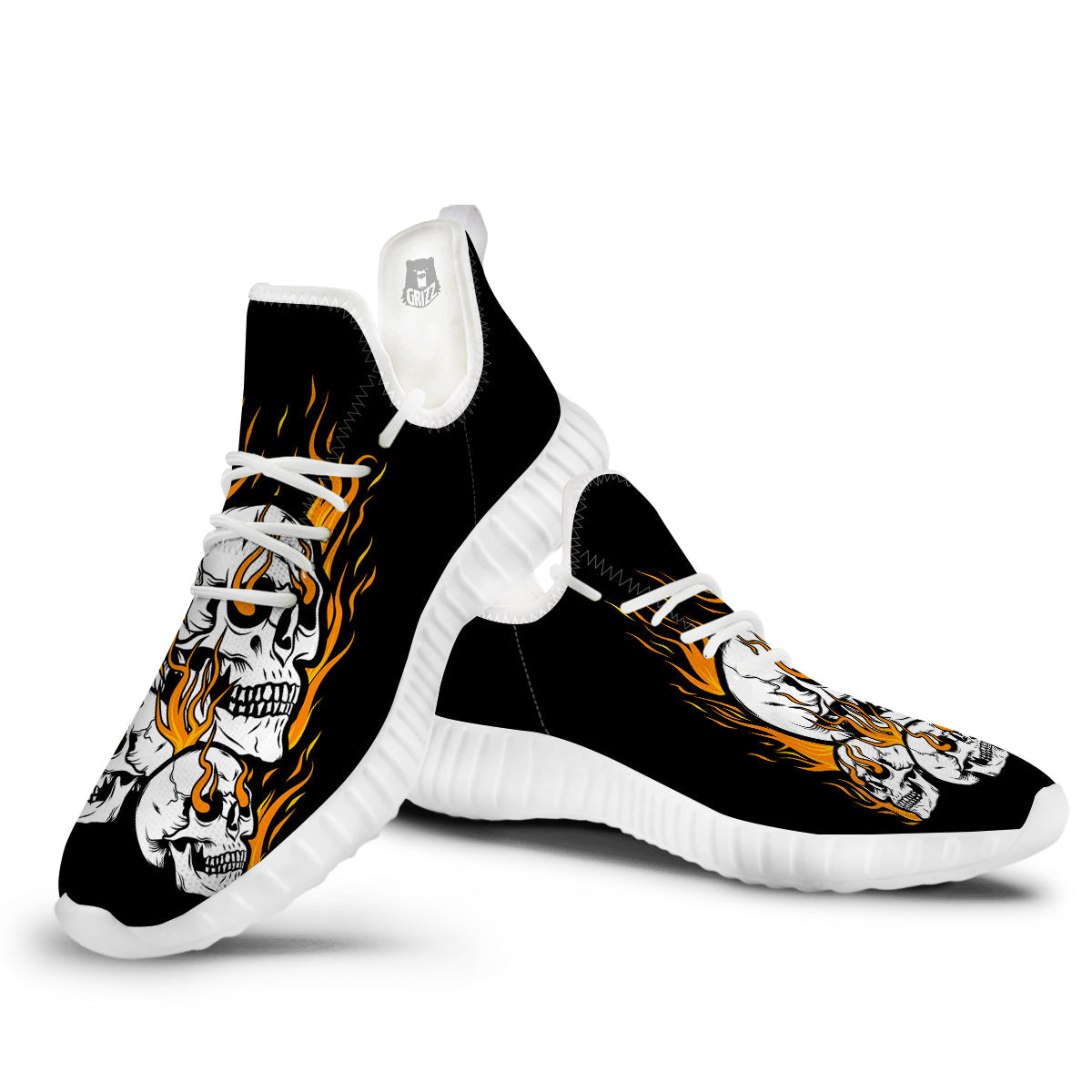 Fire Skull Head Print White Walking Shoes-grizzshop