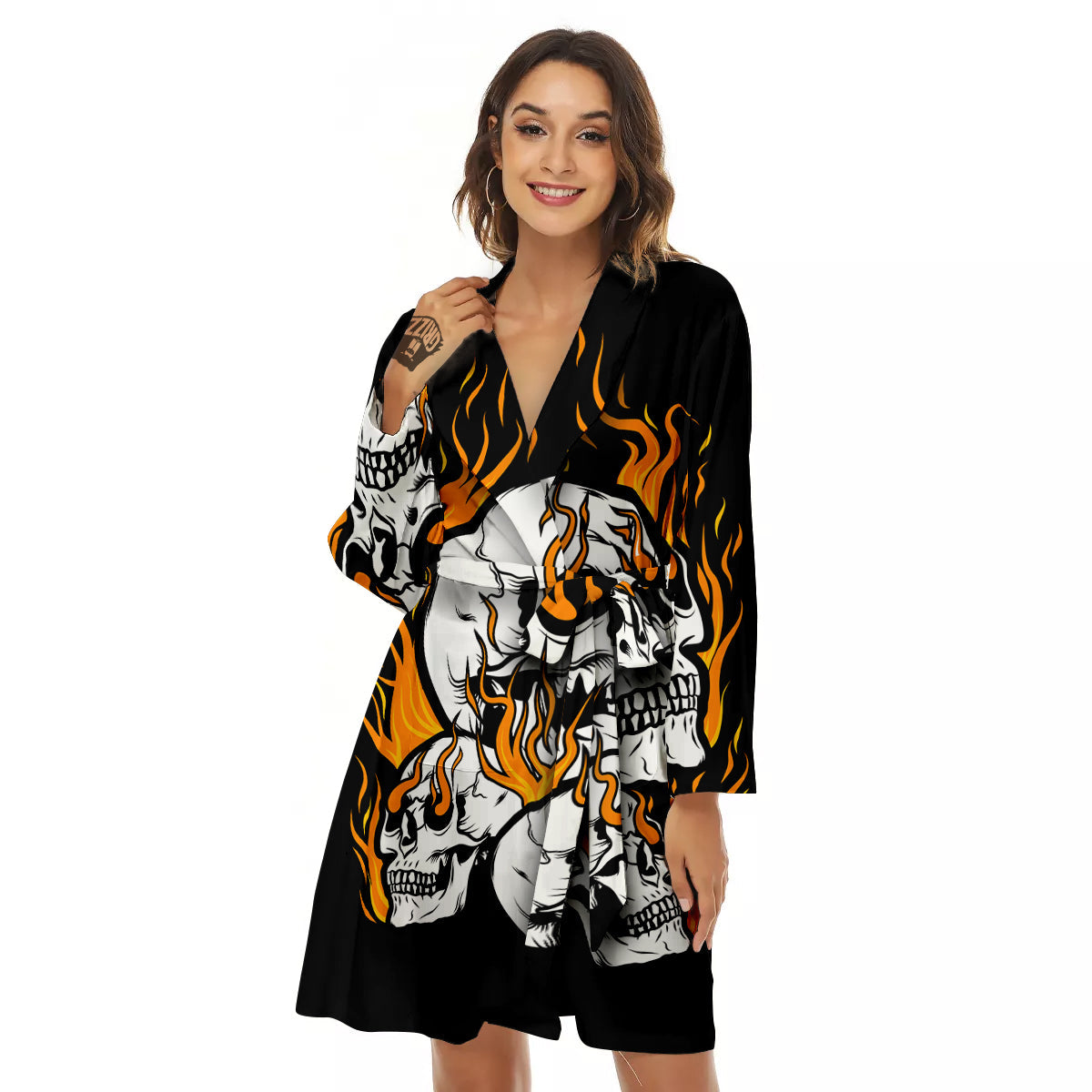 Fire Skull Head Print Women's Robe-grizzshop