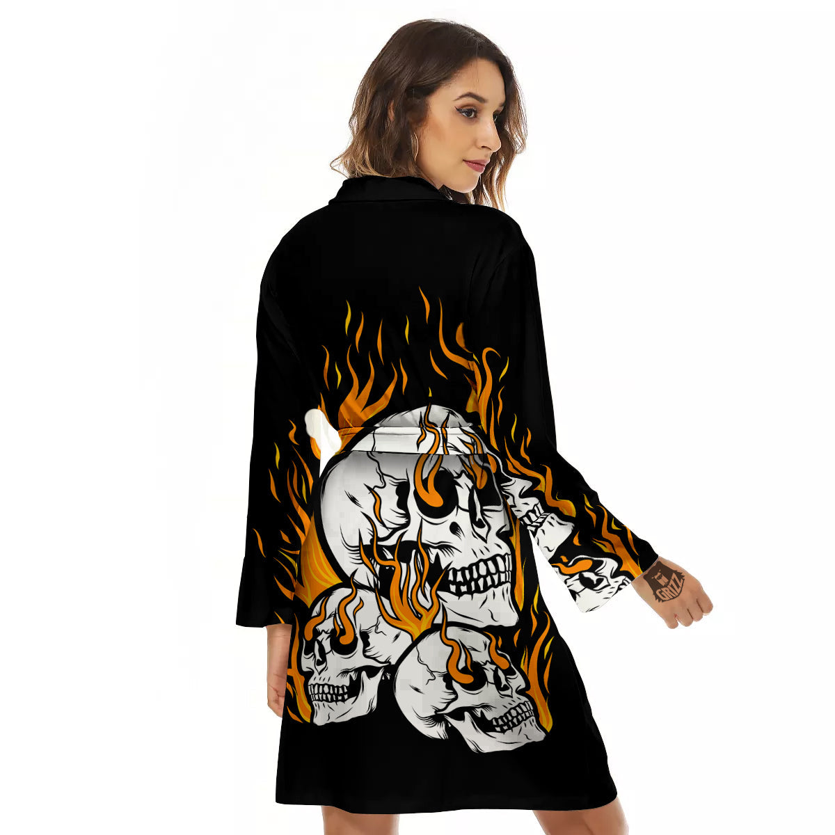 Fire Skull Head Print Women's Robe-grizzshop
