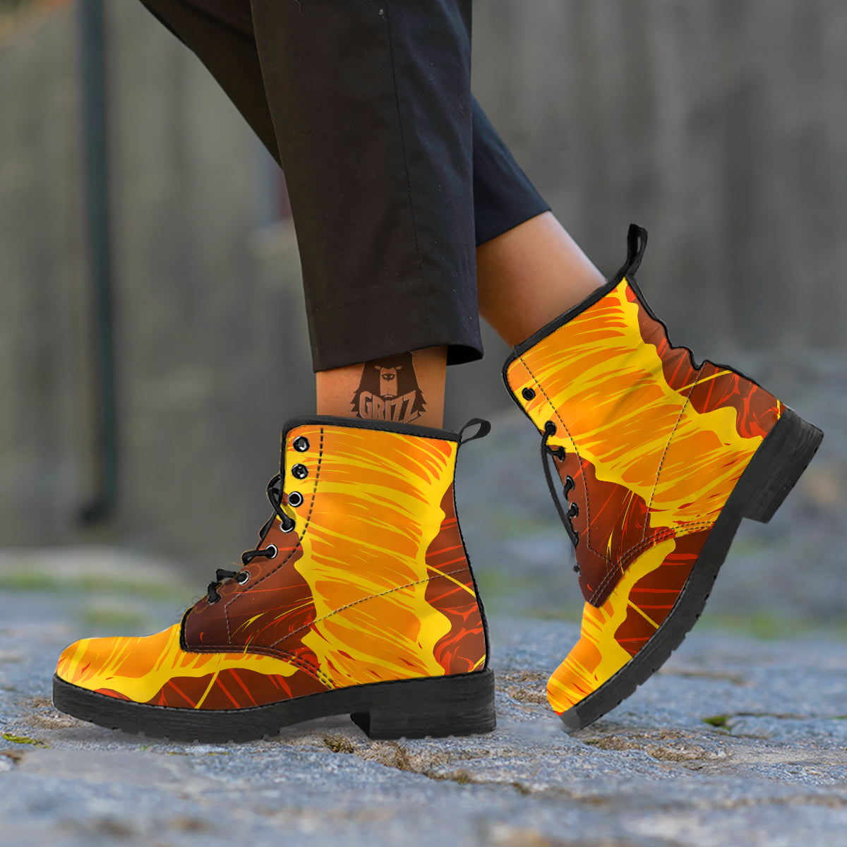 Fire Tornado Print Leather Boots-grizzshop