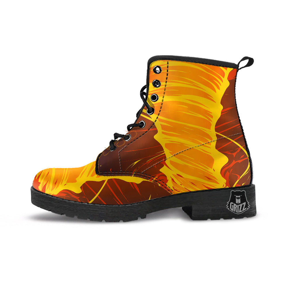 Fire Tornado Print Leather Boots-grizzshop