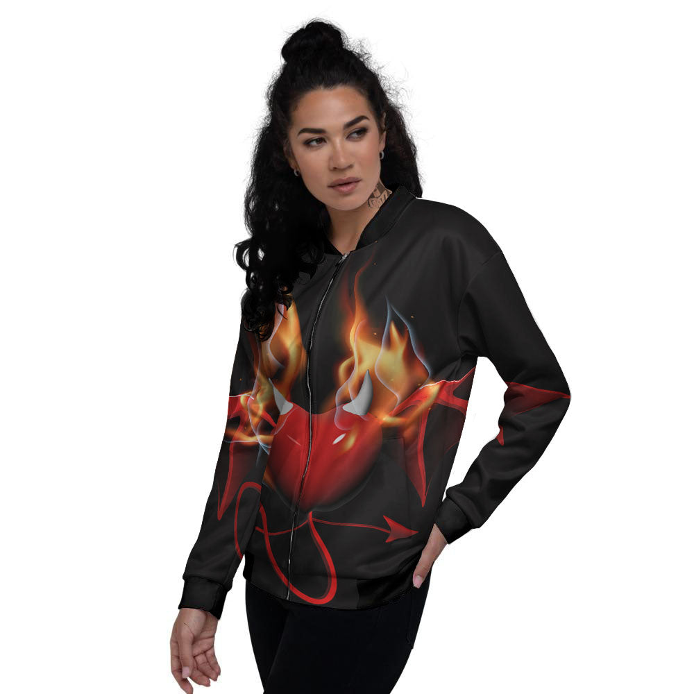 Fire Wings Angel Heart Print Women's Bomber Jacket-grizzshop