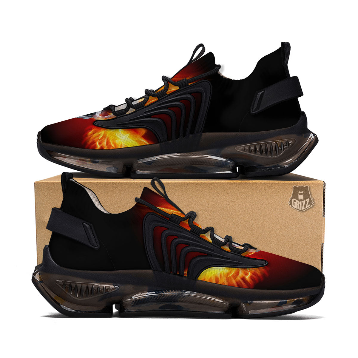 Fire Wings With Flaming Skull Print Black Gym Shoes-grizzshop